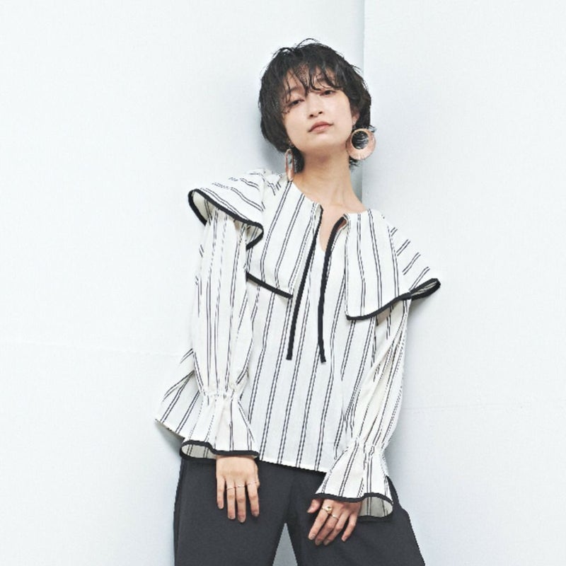 「MUUNAA(ムゥナ)レディース子供服マルーク 1065235024/シャンブレーボイルストライプケープ衿ブラウス