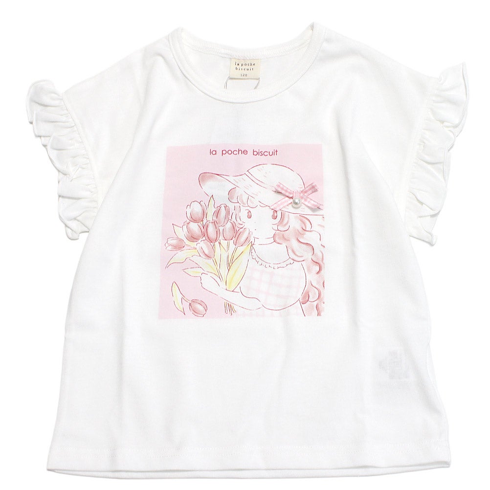 ラ ポシェ ビスキュイ] パール付き半袖Tシャツ オフホワイト(OW